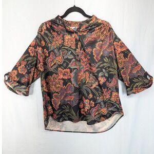 TOP NOTCH Floral Print Button Up‎ Blouse 3/4 Sleeve High Neck Women's Size M